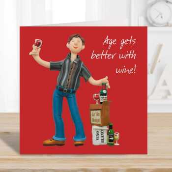 Age gets better with wine birthday card for him - designed by Erica Sturla - 15cm square and blank inside, made in the UK