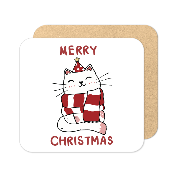 Christmas Coaster - Merry Christmas Cute Cat - Standard Wooden Coaster