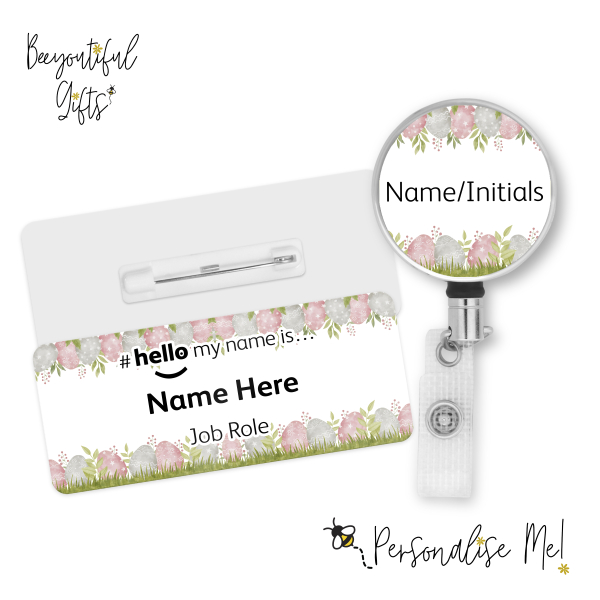 #hello my name is... Name Badge & Metal ID Reel - Easter Egg Border