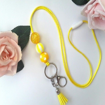 Yellow Beaded Lanyard, Beaded ID Holder, Teacher Lanyard, Medical ID Lanyard