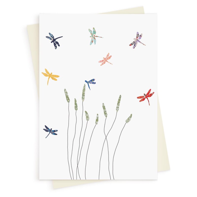 Dragonflies & grass greeting card -  designed by Eloise Hall - 15.7 x 11cm and blank inside, made in the UK