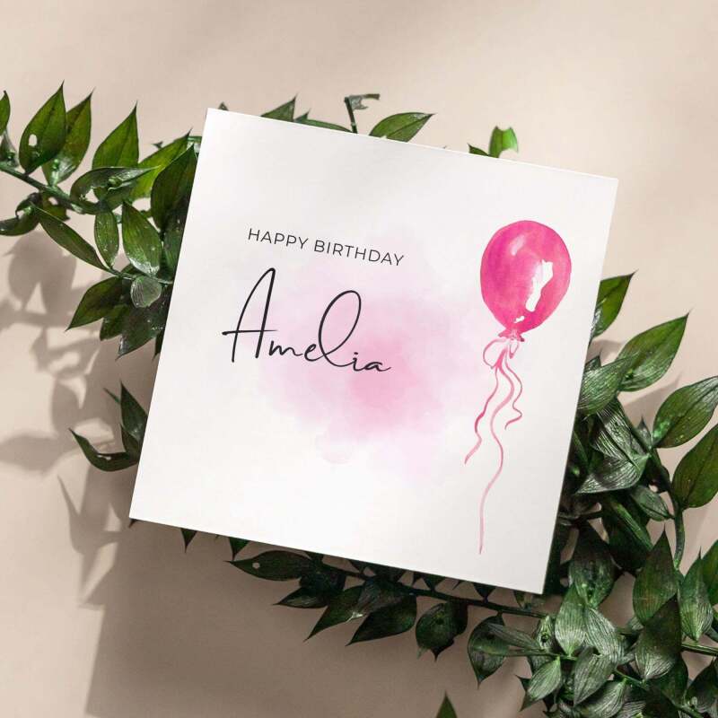 Pink balloon card personalised birthday design custom name script soft greeting - Smooth No Message - Kraft Brown