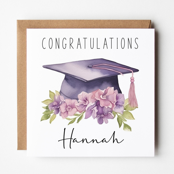 Personalised Graduation Card - Purple Floral Graduation Cap - Standard Smooth Card