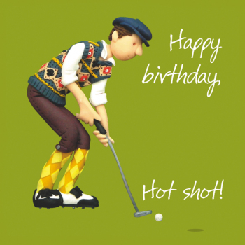 Holy Mackerel Hot Shot golf themed male birthday greetings card designed by Erica Sturla Card is 15cm square and blank inside for your own message
