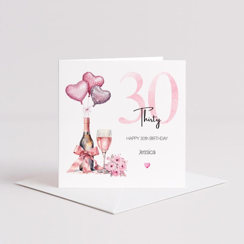 30th Birthday Card for Her Pink Champagne Balloons Flowers Personalised Milestone Greeting Thirty - Smooth No Message - Kraft Brown