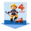 Birthday boy age 4 in a fireman costume - child's age birthday - designed by Erica Sturla - 15cm square and blank inside, made in the UK
