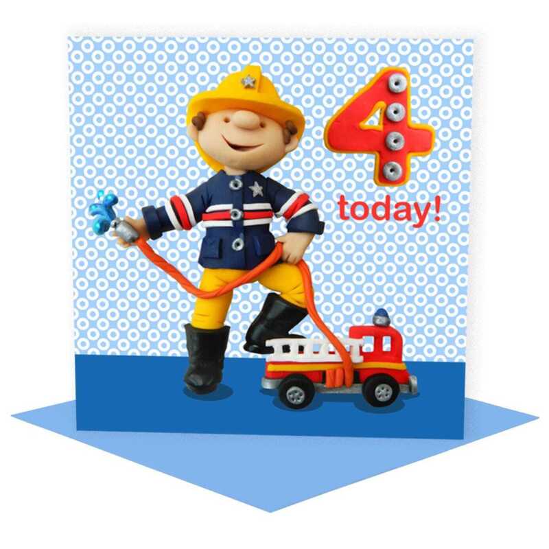 Birthday boy age 4 in a fireman costume - child's age birthday - designed by Erica Sturla - 15cm square and blank inside, made in the UK