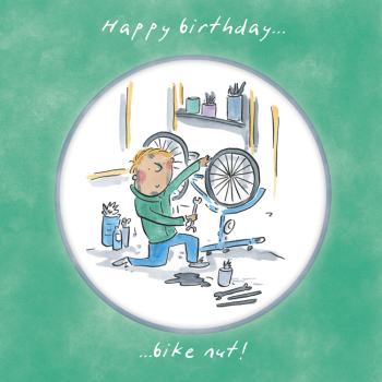 Holy Mackerel Bike nut, a 15cm square cycling birthday card featuring Rosie Brooks artwork, blank inside for your message
