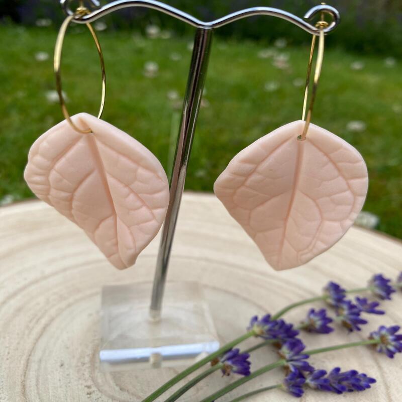 Pastel Pink Clay Leaf Earrings: Boho Nature Jewelry - silver