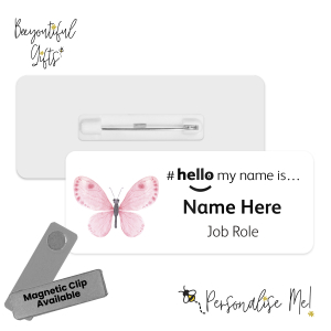 Name Badge - Watercolour Pink Butterflies Hello My Name is... - Design 3