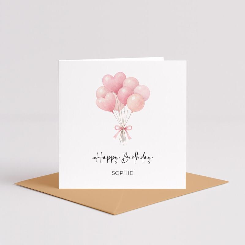 Personalised Birthday Card Pink Heart Balloons Handmade Custom Name Greeting - Smooth No Message - Kraft Brown