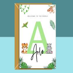 New baby Personalised Card - For new niece, nephew, cousin, friend's baby, grandson, grandaughter - Jungle themed - Baby boy or Baby girl