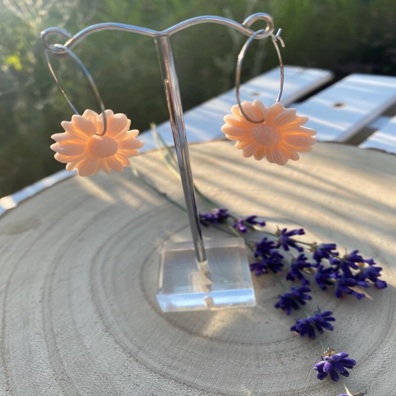 Pink Clay Flower Dangle Earrings: Boho Nature-Inspired Jewelry - silver - small