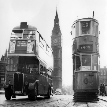 Holy Mackerel London scene retro black and white photographic card featuring a vintage image of a bus a tram and Big Ben - 12.6 x 17.7cm and blank inside