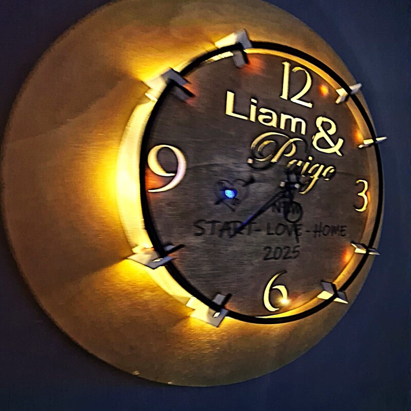Personalised Wooden LED Wall Clock – Custom Engraved Gift for Home & Weddings