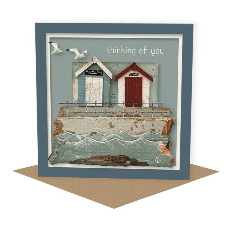 Thinking of you - quayside beach hut themed sympathy card - designed by Seth Draper - 15cm square and blank inside, made in the UK