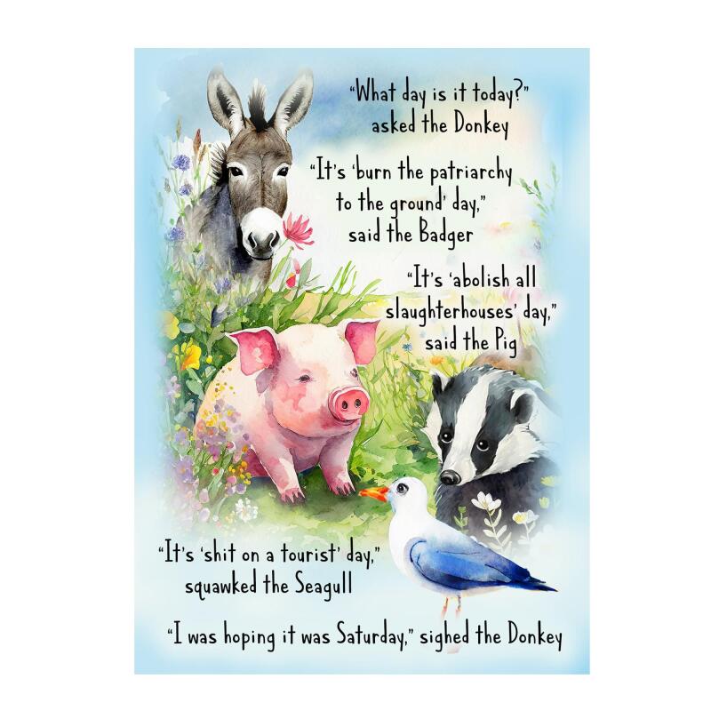 Funny What Day? Birthday Card pig donkey seagull badger A5 uncoated textured
