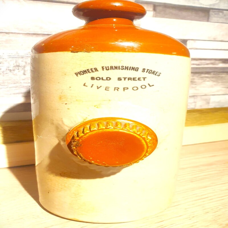 The Pioneer Furnishing Stores Liverpool Ceramic Hot Water Bottle - Vintage - Great Window Piece