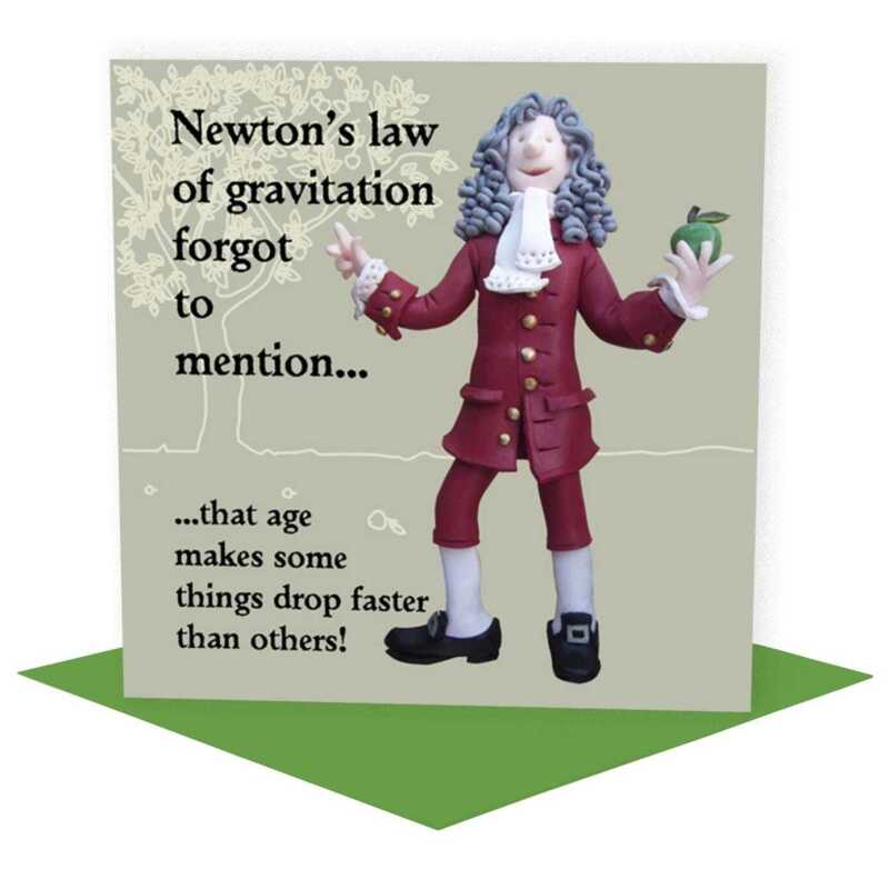 Gravity, funny historical birthday card featuring Isaac Newton - designed by Erica Sturla - 15cm square and blank inside, made in the UK