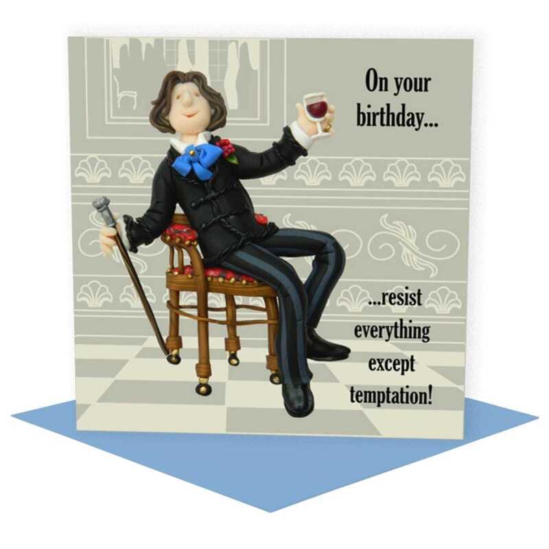 Resist everything except temptation, Oscar Wilde birthday card - designed by Erica Sturla - 15cm square and blank inside, made in the UK