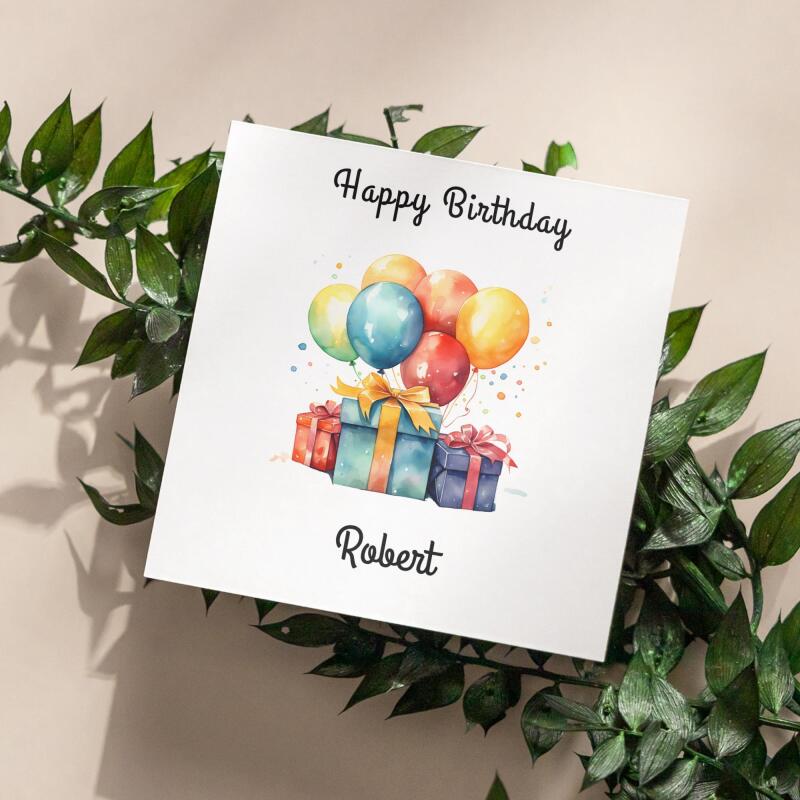 Personalised happy birthday card with balloons and gift boxes, custom name, vibrant colours - Smooth No Message - Kraft Brown