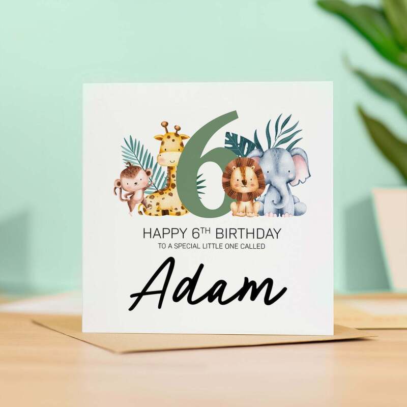 Personalised 6th Birthday Children's Card Jungle Themed Sixth Birthday Card For Boy or Girl Six Years Custom Card - Square (5.5x5.5) / Blank Inside