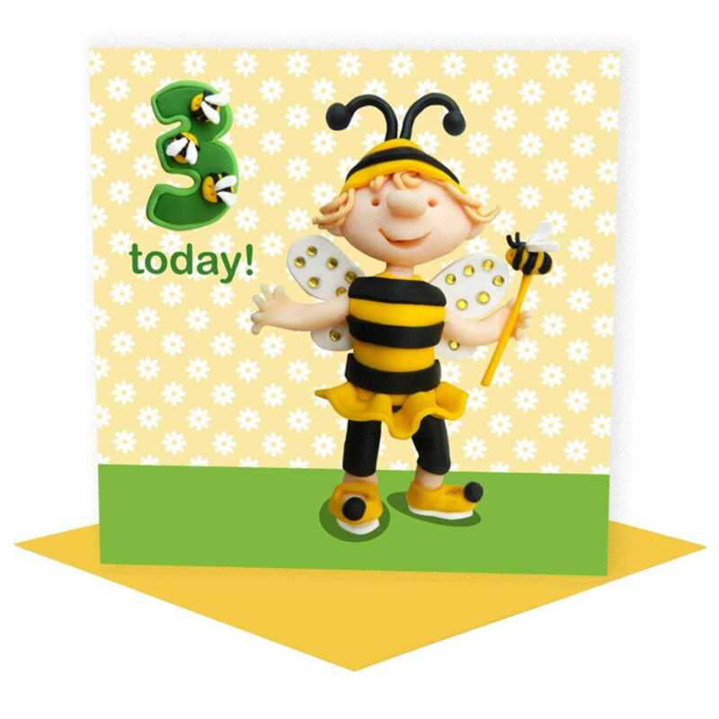Birthday girl age 3 in a bumblebee costume - child's age birthday - designed by Erica Sturla - 15cm square and blank inside, made in the UK