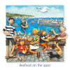 Holy Mackerel seafood on the quay seaside themed blank greeting card - designed by artist Erica Sturla - 15cm square and blank inside for your own message