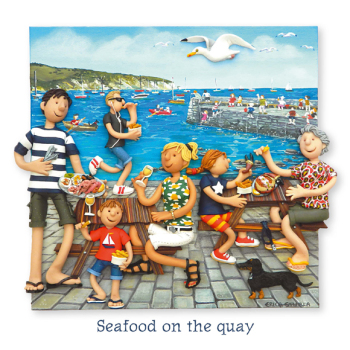Holy Mackerel seafood on the quay seaside themed blank greeting card - designed by artist Erica Sturla - 15cm square and blank inside for your own message