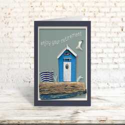 Gulls rest - quayside beach hut themed retirement card - designed by Seth Draper - 15cm square and blank inside, made in the UK