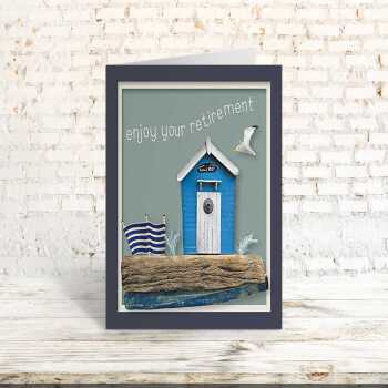 Gulls rest - quayside beach hut themed retirement card - designed by Seth Draper - 15cm square and blank inside, made in the UK
