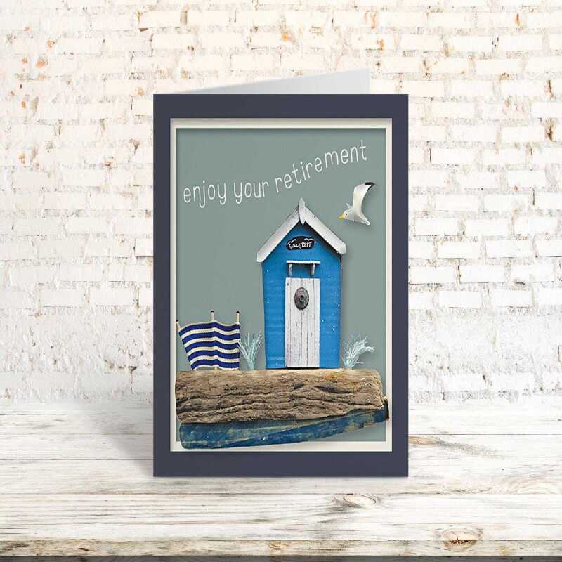 Gulls rest - quayside beach hut themed retirement card - designed by Seth Draper - 15cm square and blank inside, made in the UK