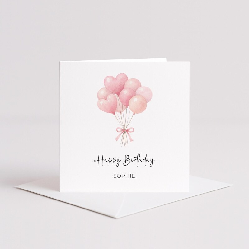 Personalised Birthday Card Pink Heart Balloons Handmade Custom Name Greeting - Smooth No Message - Kraft Brown