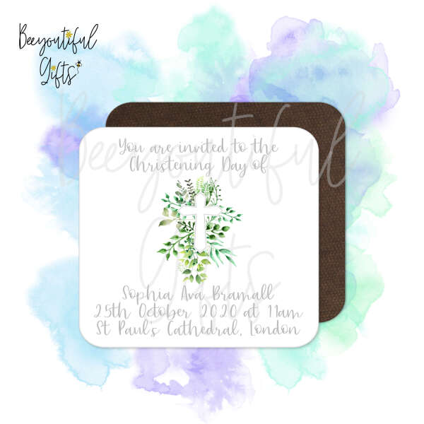 Personalised Christening Coaster - Watercolour Cross Christening Invite