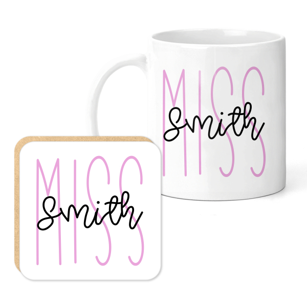 Personalised Teacher Mug & Coaster Set - Teacher's Name Miss/Mrs/Mr