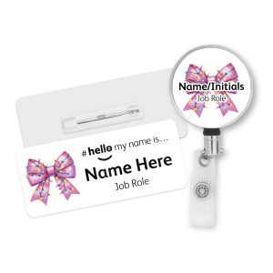 #hello my name is... Name Badge & Metal ID Reel - Pink Lights Coquette Ribbon