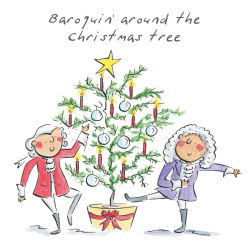 Baroquin', a 150mm square festive Christmas greetings card featuring Rosie Brooks artwork, message inside reads Merry Christmas