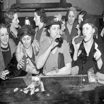 Holy Mackerel ladies at the bar retro black and white photographic card featuring a vintage image of women sharing a drink - 12.6 x 17.7cm and blank inside