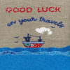 Holy Mackerel Good Luck on Your Travels, a sea themed bon voyage card featuring an image of Sarah Hopkins' textile art - 12 x 17cm - blank inside for your message