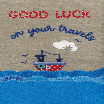 Holy Mackerel Good Luck on Your Travels, a sea themed bon voyage card featuring an image of Sarah Hopkins' textile art - 12 x 17cm - blank inside for your message
