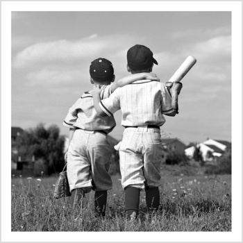 Holy Mackerel baseball friends retro black and white photographic card featuring a vintage image of two boys with their bats - 15cm square and blank inside