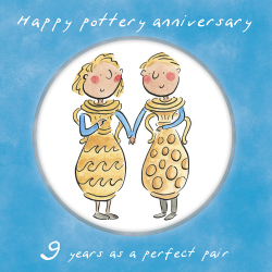 Holy Mackerel 9th (pottery) wedding anniversary card by Artist Rosie Brooks. 15cm square and blank inside. Anniversary card for him, her, husband, wife, couple etc