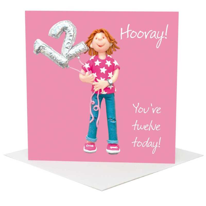 12th birthday card for her - designed by Erica Sturla - 15cm square and blank inside, made in the UK