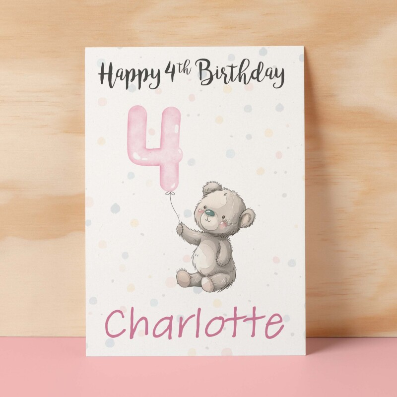 Personalised 1st, 2nd, 3rd, 4th, 5th Birthday Card for Daughter, Granddaughter, Niece, Goddaughter Girls Teddy Bear Card - 1 - One - Blank Message