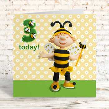 Birthday girl age 3 in a bumblebee costume - child's age birthday - designed by Erica Sturla - 15cm square and blank inside, made in the UK