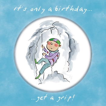 Holy Mackerel Get a grip, a 15cm square climbing or mountaineering birthday card featuring Rosie Brooks artwork, blank inside for your message