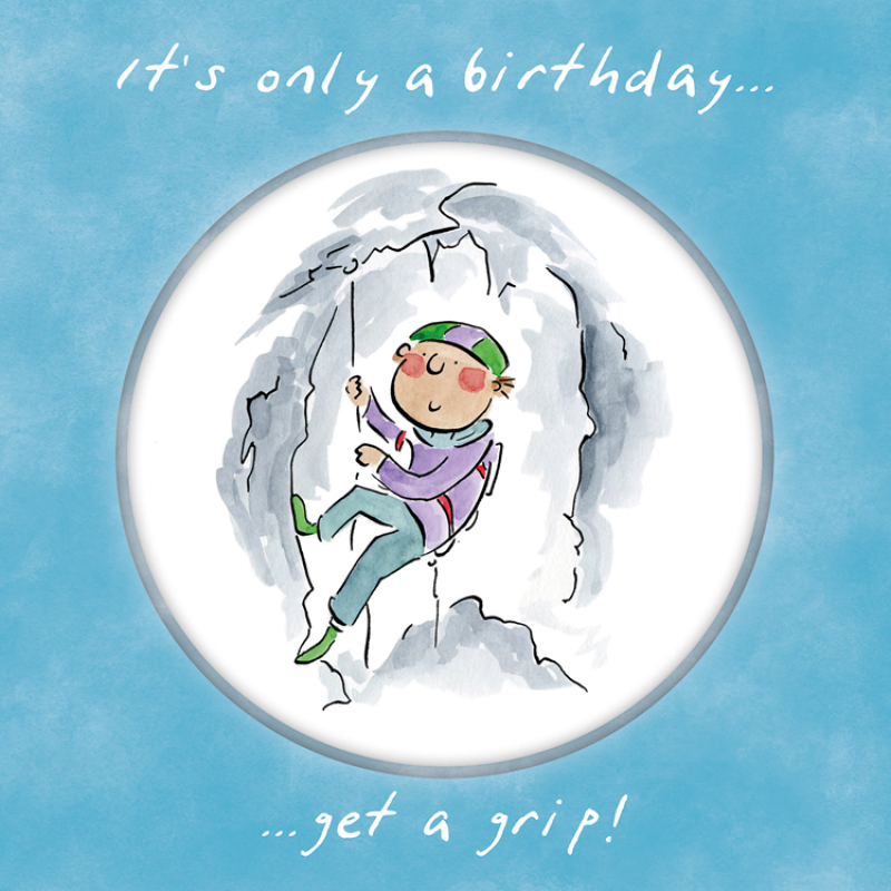 Holy Mackerel Get a grip, a 15cm square climbing or mountaineering birthday card featuring Rosie Brooks artwork, blank inside for your message