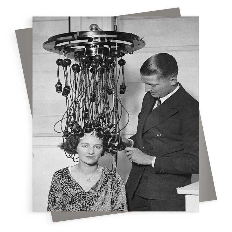 Hair-raising technology - vintage black and white themed card - 12.6 x 17.7cm and blank inside - made in the UK