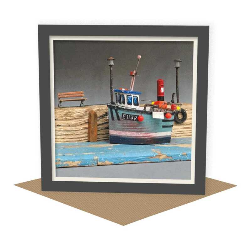 Moored up - quayside fishing boat themed blank card - designed by Seth Draper - 15cm square and blank inside, made in the UK