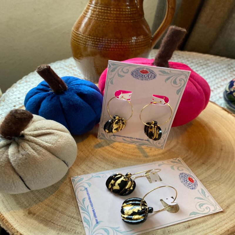 Gold Leaf Pumpkin Earrings, Black Polymer Clay Hoop Earrings